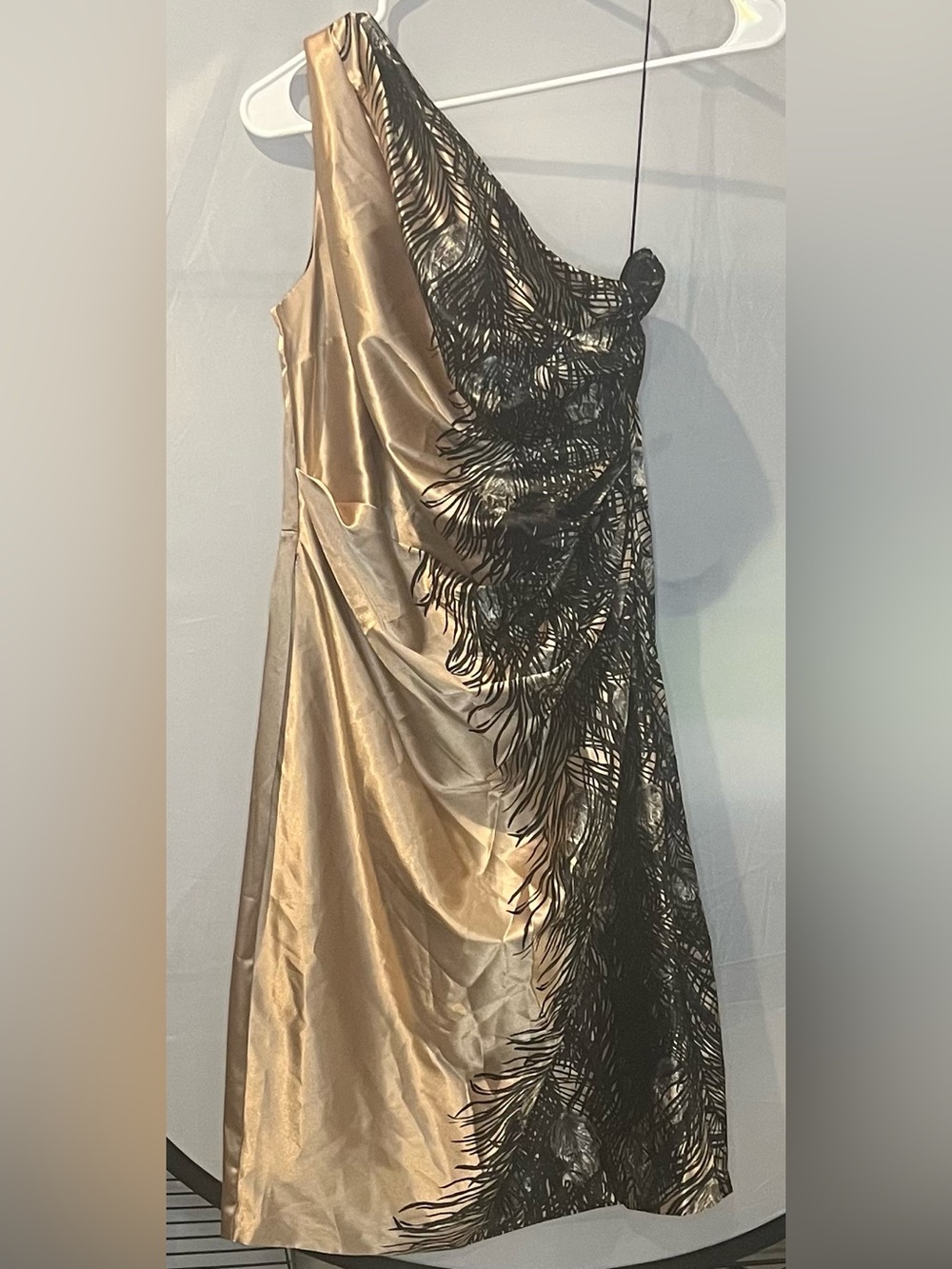London Times Gold One-Shoulder Satin Dress with Black Feather Detail